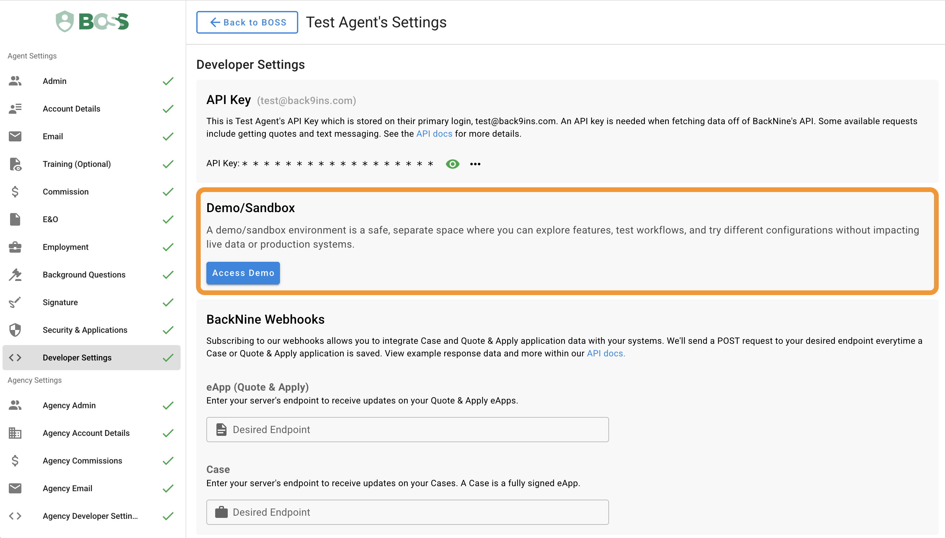 Highlighted section in settings to access the demo bridge button